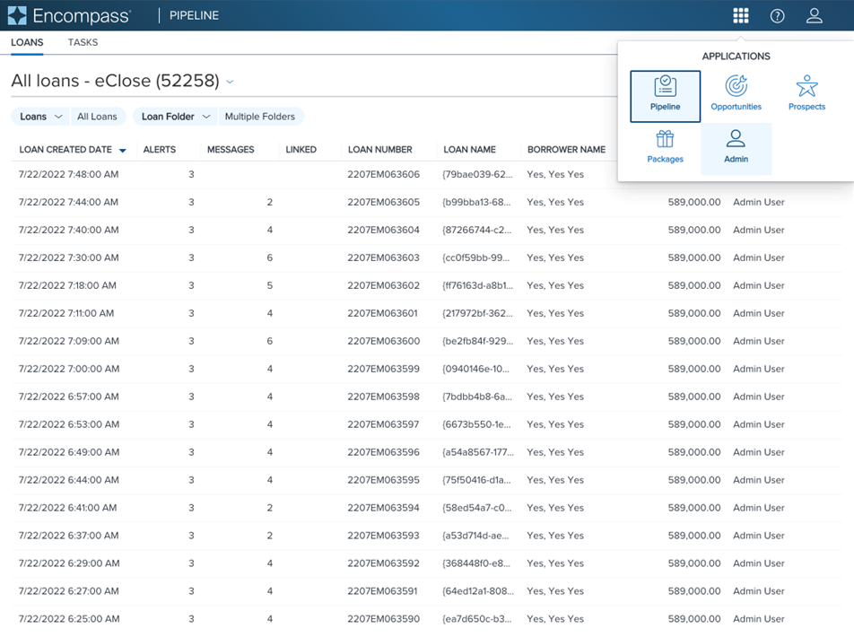 Encompass eSign displaying the new Applications menu on the top right